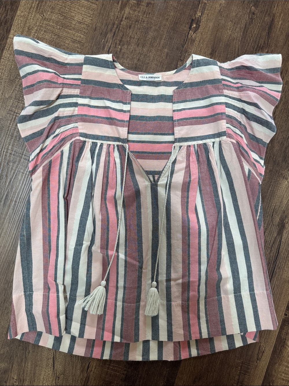 Ulla Johnson Striped Tassel Peasant Top - Pink, Navy & Cream